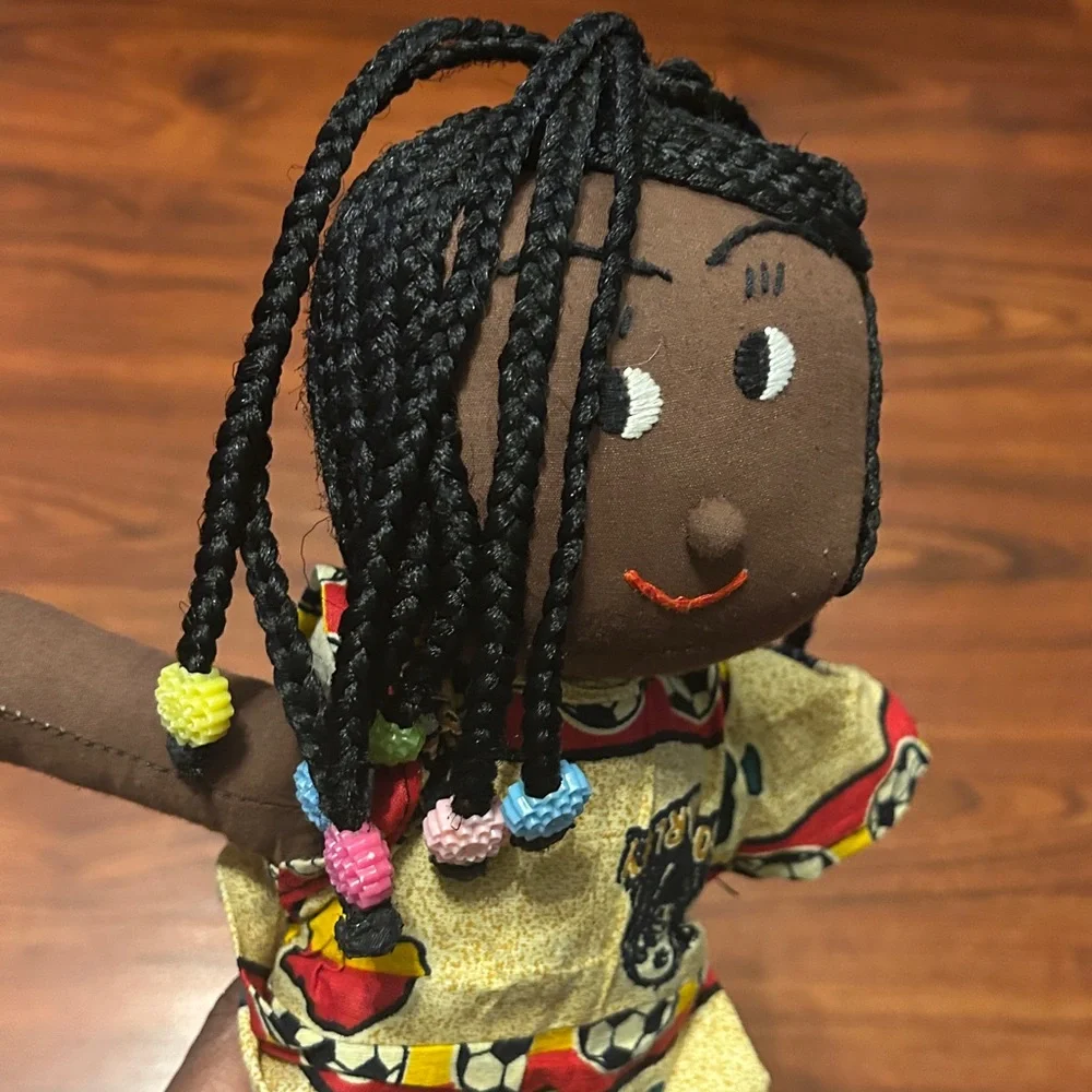 Handmade African Black Rag Doll w/Braids & Beads wearing a Bob Marley Dress 13”